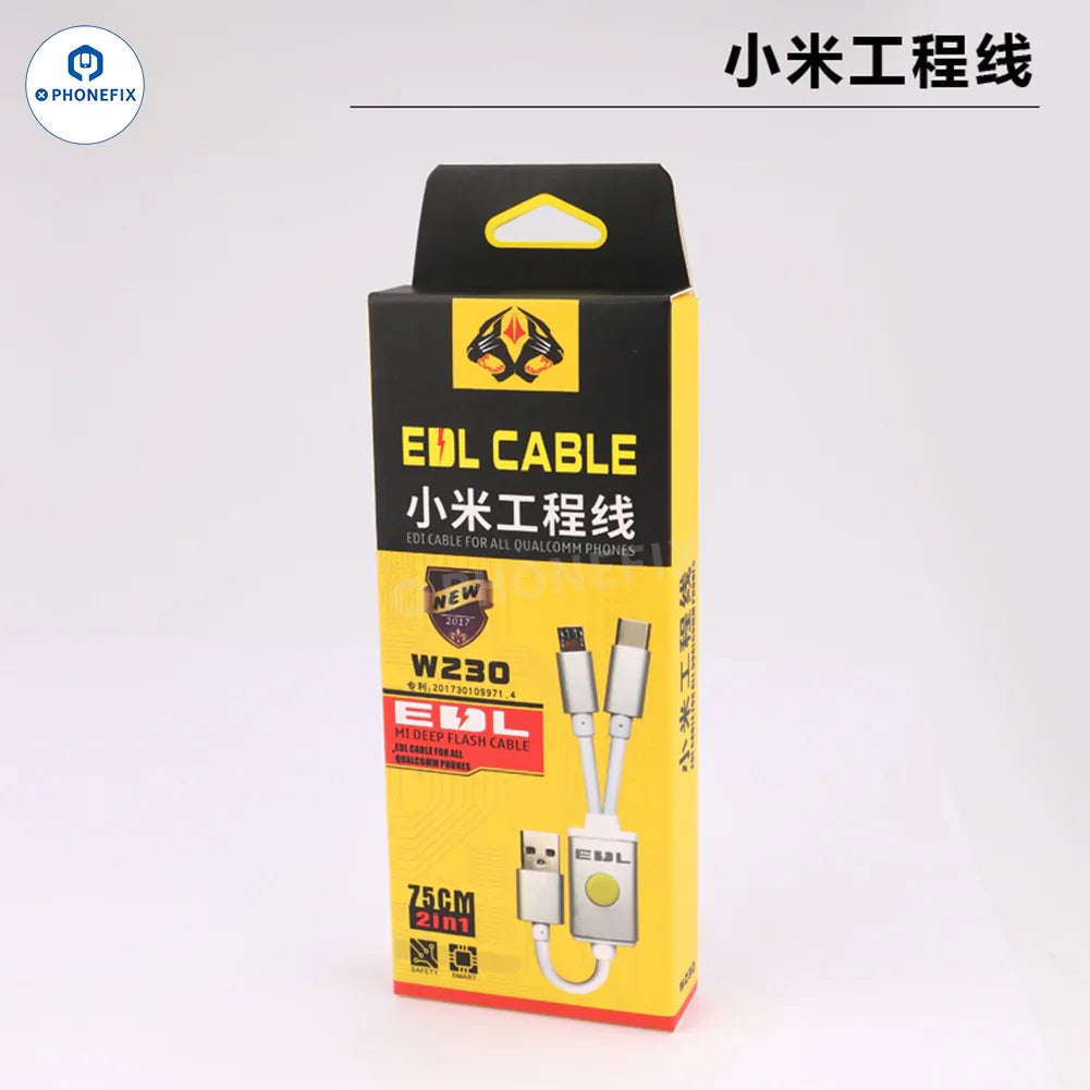 Xiaomi OSS EDL cable for phone unlocking tools, showing the deep flash tool with USB connectors and cable for fast charging and repair.
