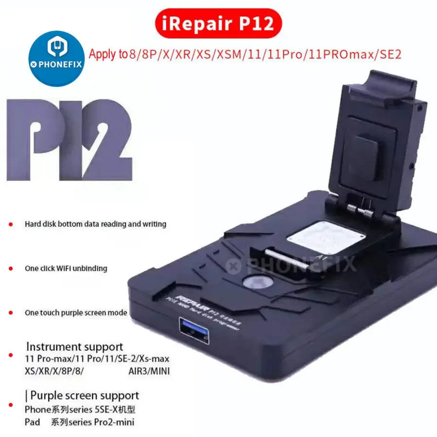 iRepair P12 PCIE NAND hard disk programmer by PHONEFIX used for DFU purple screen repair on phones and unlocking tools.