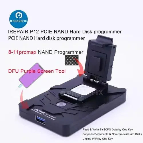 PhoneFix iRepair P12 PCIe NAND hard disk programmer used for phone unlocking and purple screen repair, with adapter included.