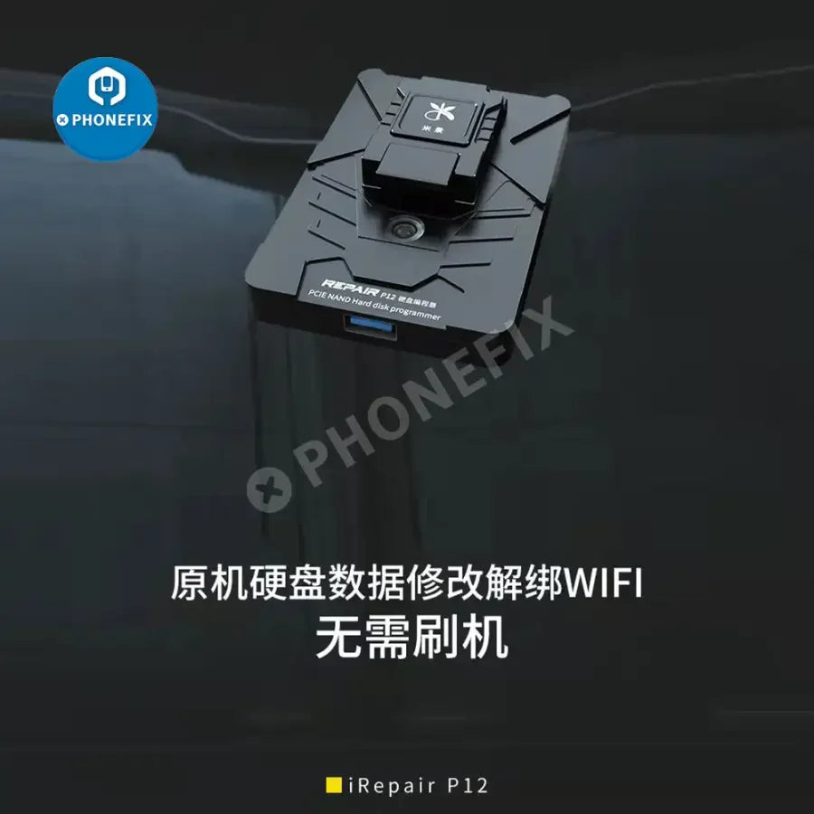 PhoneFix iRepair P12 PCIE NAND Hard Disk Programmer for DFU purple screen repair, used as a phone unlocking tool.