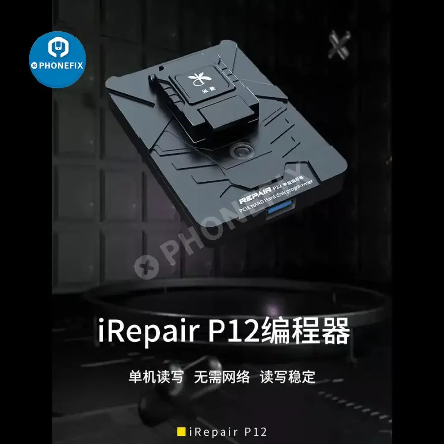 PhoneFix iRepair P12 PCIe NAND hard disk programmer for DFU purple screen repair, used as phone unlocking tool with accessories.