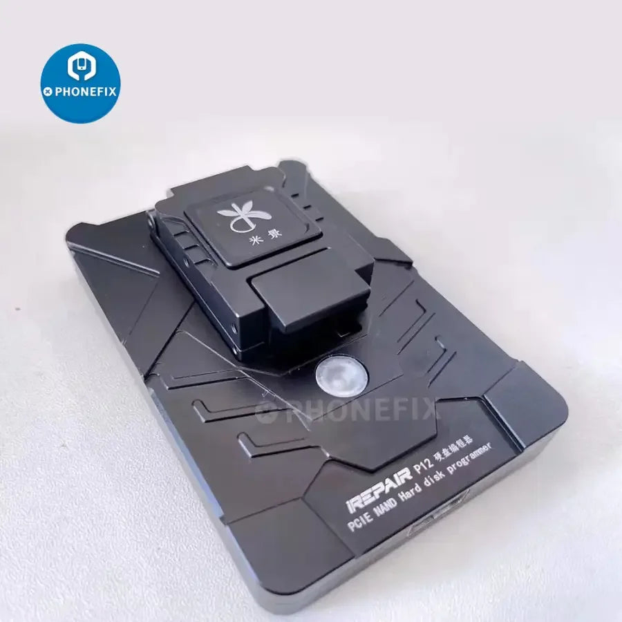 PHONEFIX iRepair P12 PCIe NAND Hard Disk Programmer for phone unlocking and DFU purple screen repair, with adapter included.