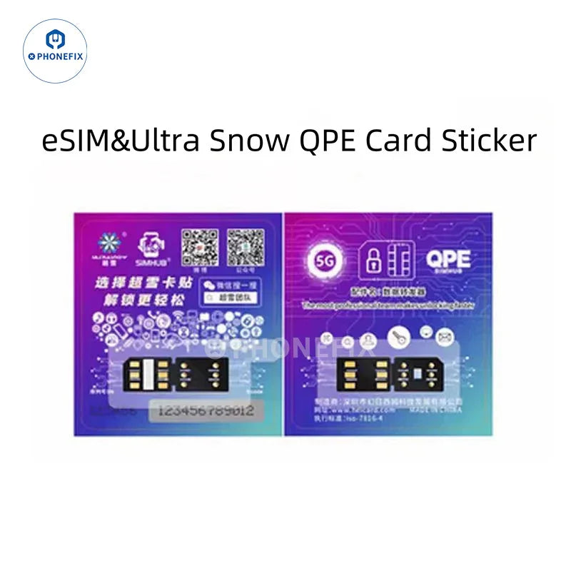 PHONEFIX QPE 5G unlocking card eSIM eCode for iPhone 12 to 16 Pro Max, used as phone unlocking tool, shown on white background.