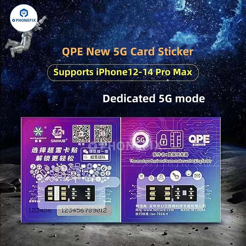PHONEFIX QPE 5G unlocking card eSIM ECode for iPhone 12-16 Pro Max, phone unlocking tool with digital card and instructions.