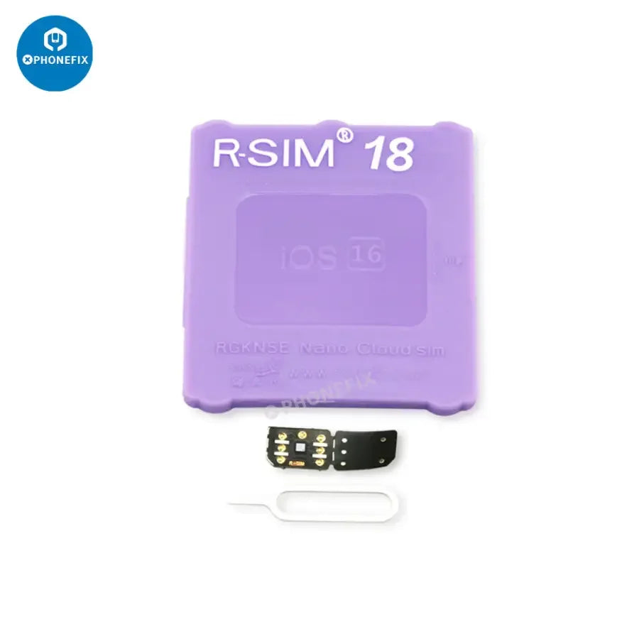 R-SIM18 19 E-SIM 5G unlock card by PHONEFIX for iPhone 14 and 15 series, showing the SIM card and packaging.