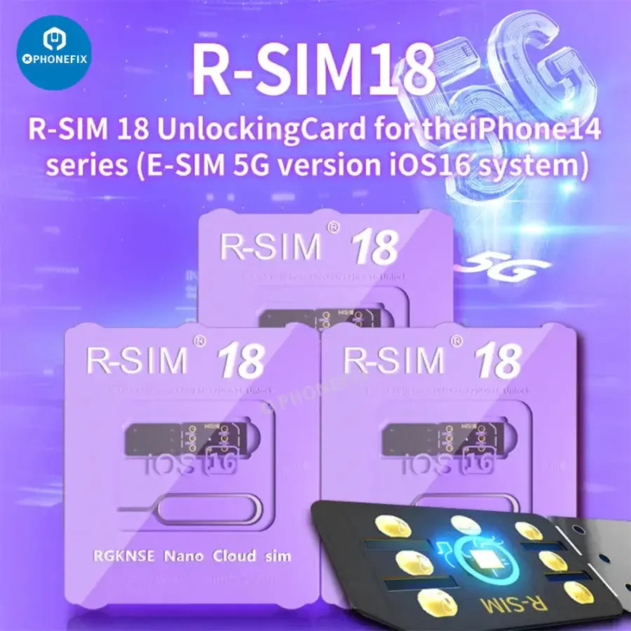 R-SIM18 19 E-SIM 5G unlock card for iPhone 14 and 15 series, phone unlocking tool by PHONEFIX, shown in the image.