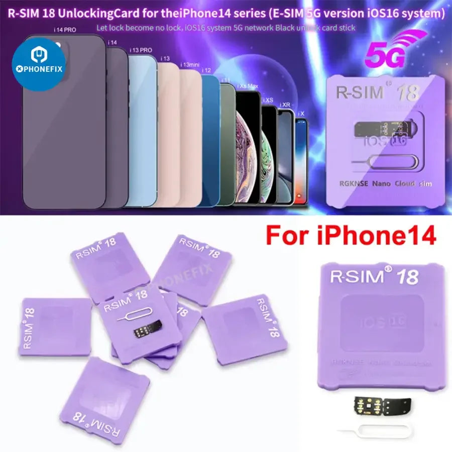 PHONEFIX R-SIM18 5G E-SIM unlock card for iPhone 14 and 15 series, showing the card and packaging for phone unlocking tools.