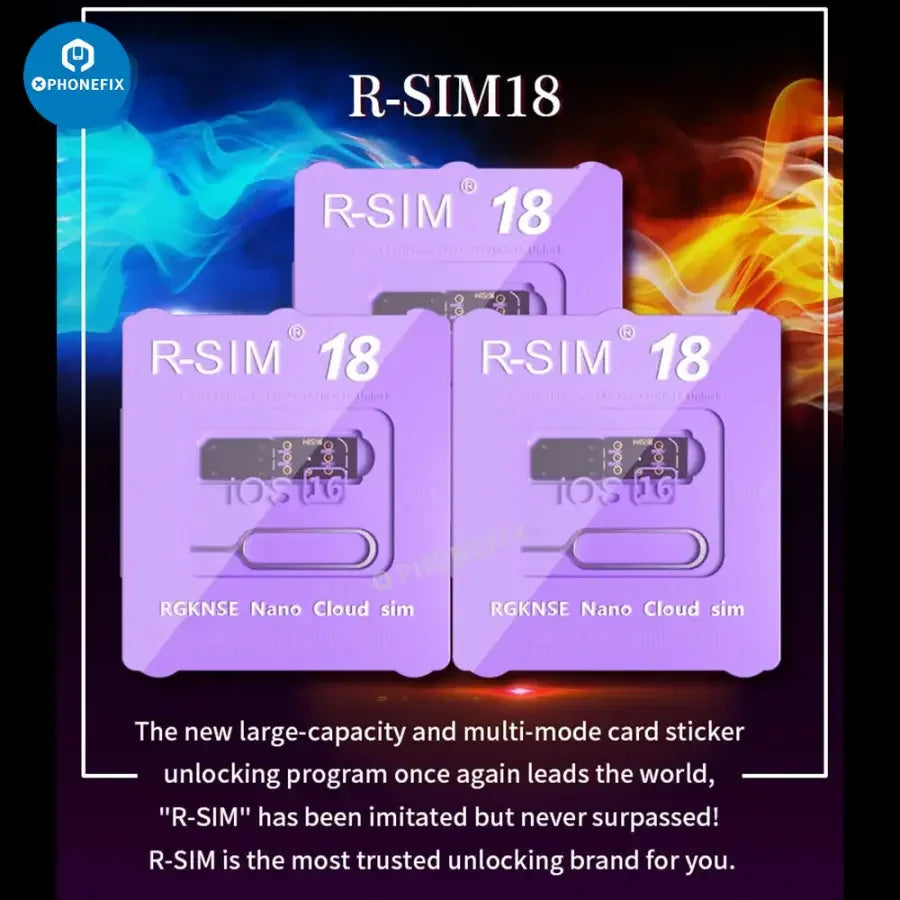 PHONEFIX R-SIM18 19 E-SIM 5G unlock card for iPhone 14 and 15 series, showing the compact phone unlocking tool on a white background.