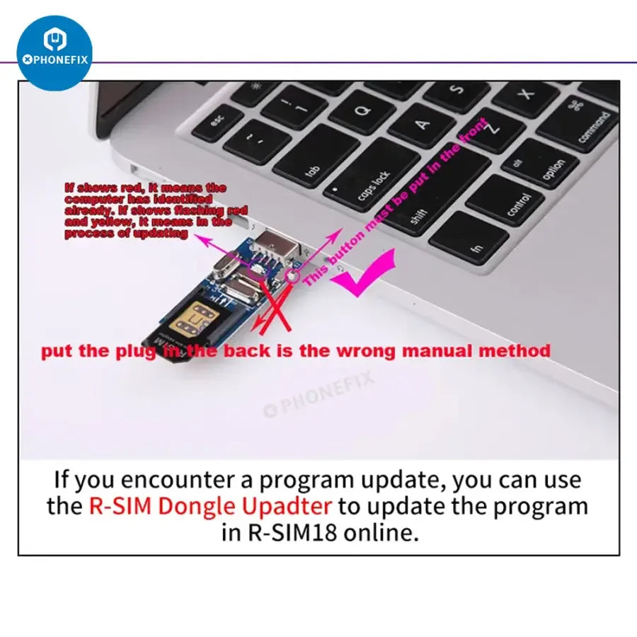 R-SIM18 19 E-SIM 5G unlock card for iPhone 14 and 15 series, showing the PHONEFIX brand, used for phone unlocking tools.