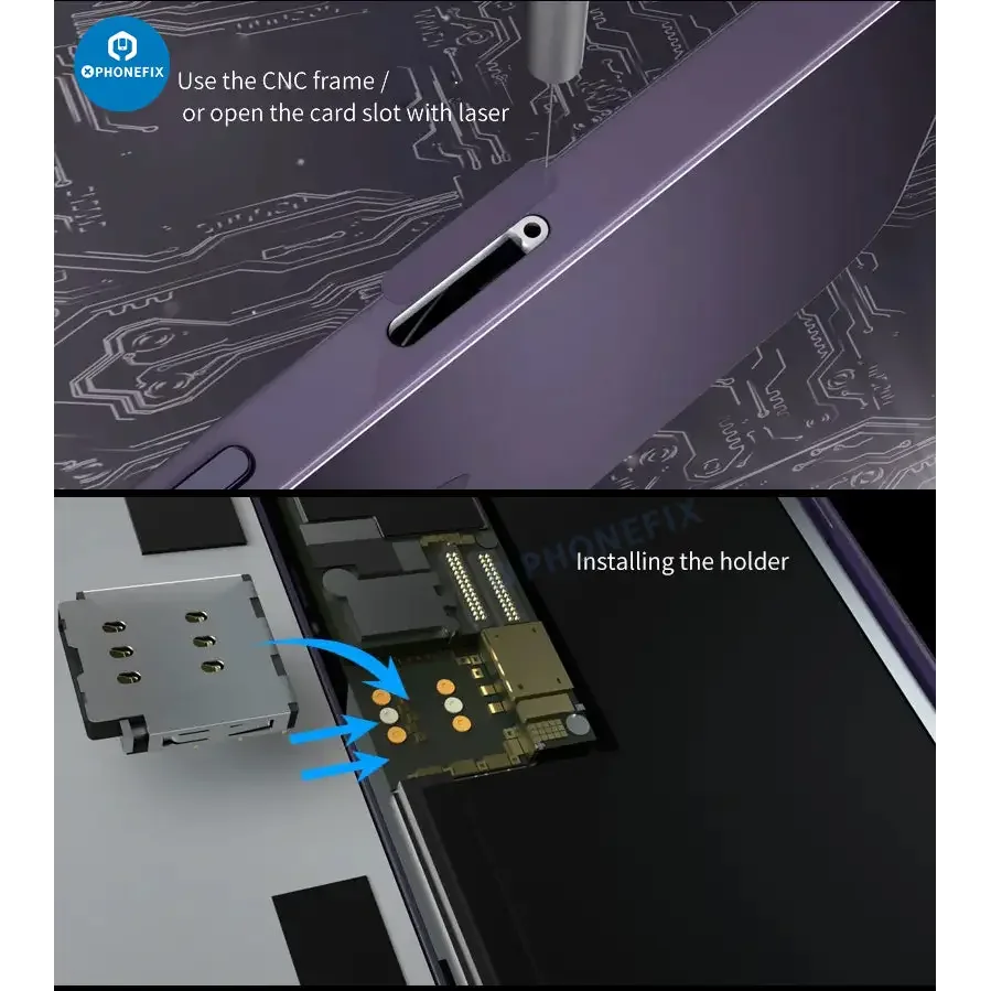 R-SIM18 19 E-SIM 5G unlock card for iPhone 14 and 15 series, showing the phone unlocking tool by PHONEFIX on a white background.