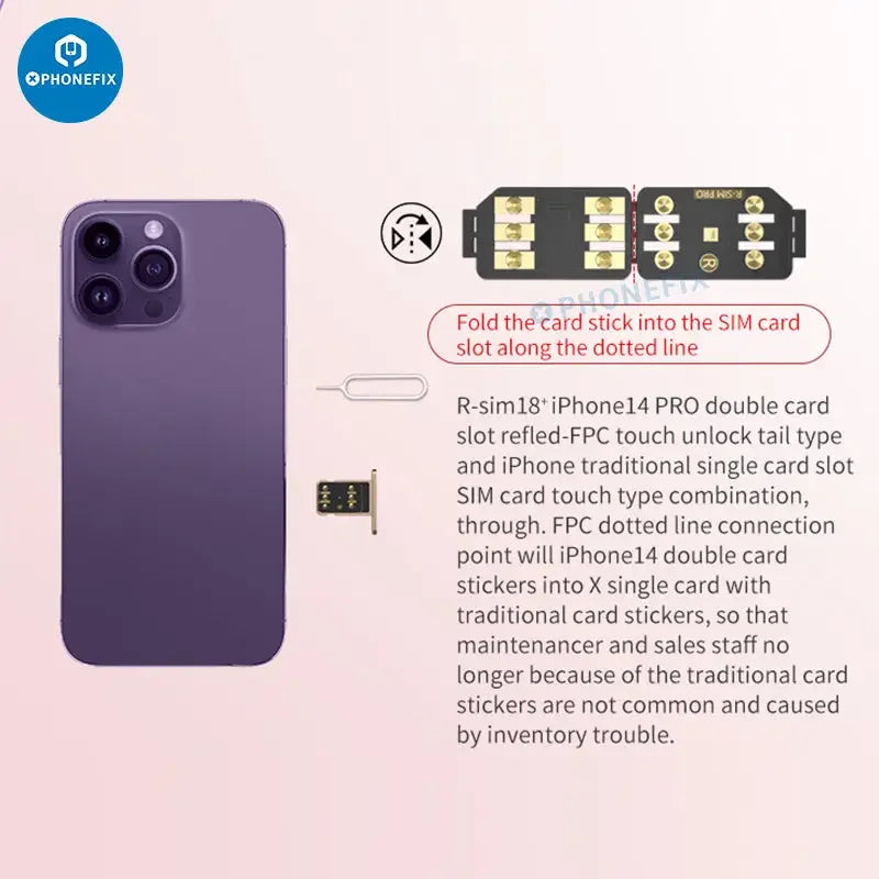 R-SIM18 5G eSIM unlock card for iPhone 14 and 15 series, PhoneFix brand, shown with card and packaging for iPhone unlocking tools.