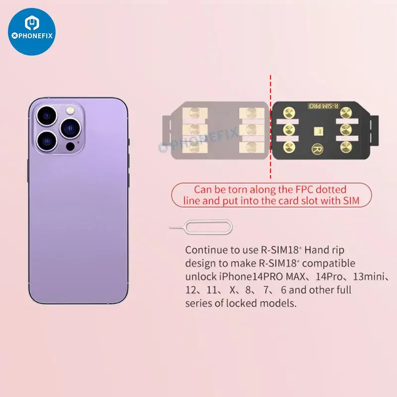 R-SIM18 5G e-SIM unlock card for iPhone 14 and 15 series, used as a phone unlocking tool by PHONEFIX.