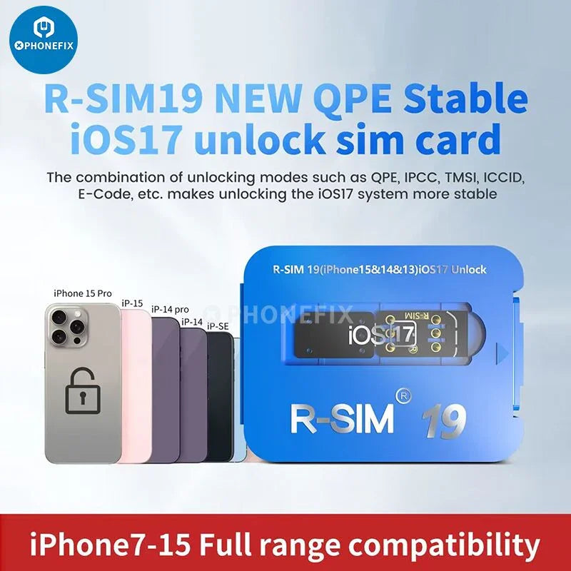 PHONEFIX R-SIM18 19 E-SIM 5G unlock card for iPhone 14 and 15 series, used for phone unlocking and carrier unlocking.