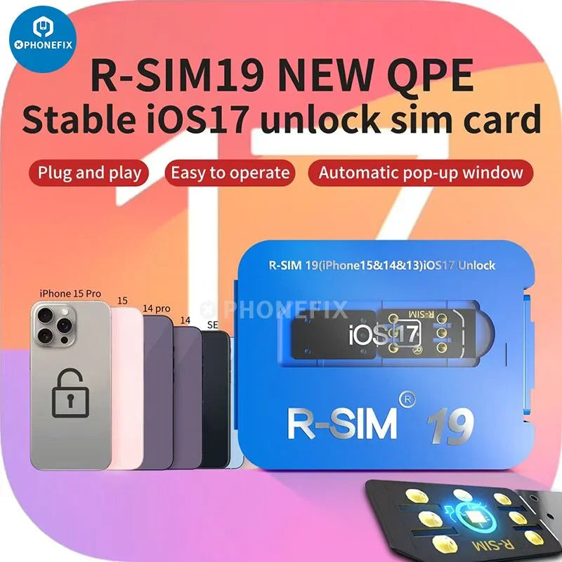 PHONEFIX R-SIM18 19 E-SIM 5G unlock card for iPhone 14 and 15 series, used for iOS 17 unlocking and network activation.