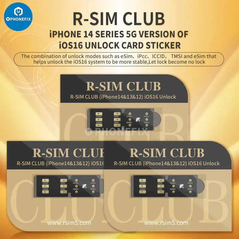 PhoneFix R-SIM18 19 E-SIM 5G unlock card for iPhone 14 and 15 series, showcasing the phone unlocking tool and packaging.