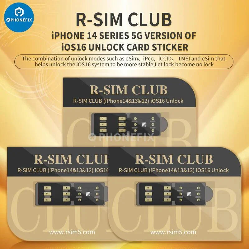 PhoneFix R-SIM CLUB 2 unlock card for iPhone 16, iOS 18, TMSI, eSIM, ICCID, and IPCC phone unlocking tools.