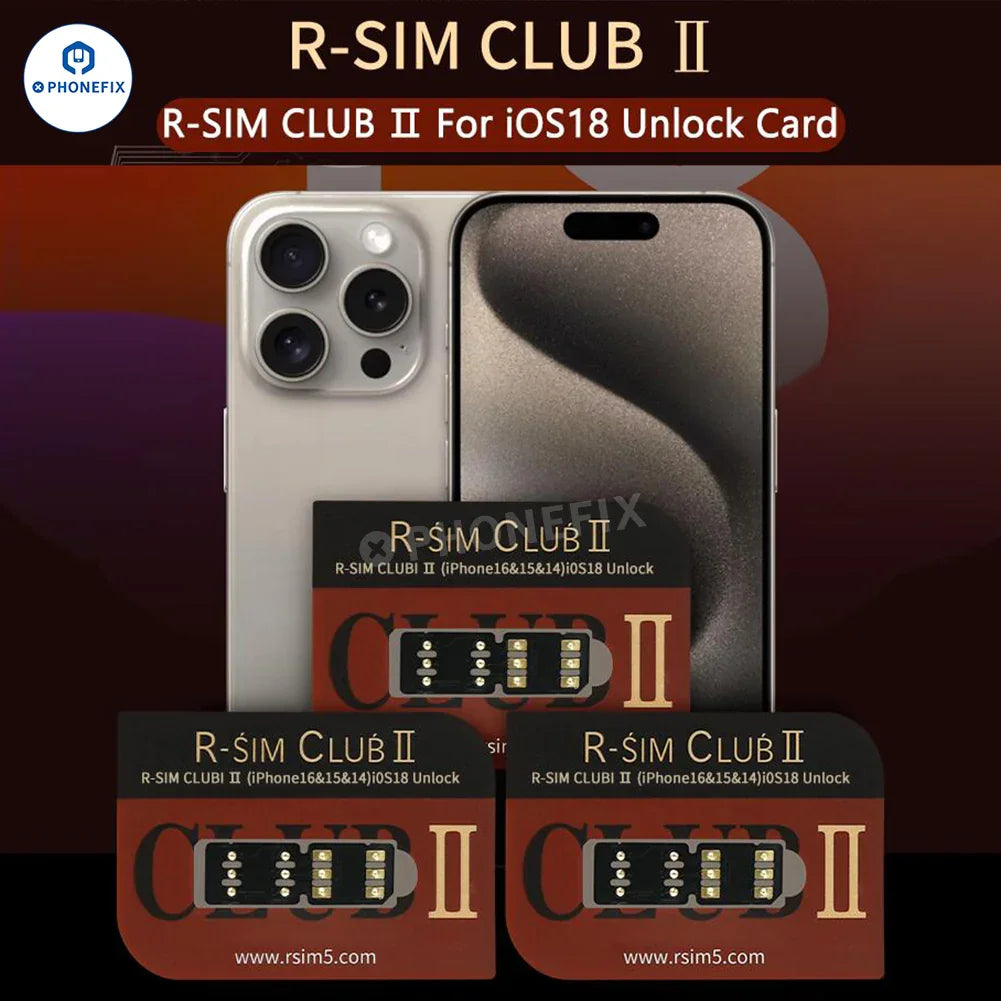 PHONEFIX R-SIM CLUB 2 unlock card for iPhone 16 iOS 18, showing the SIM card and packaging for phone unlocking tools.