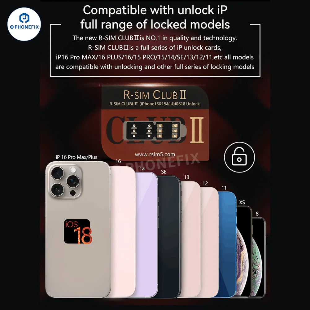 PhoneFix R-SIM Club 2 unlock card for iPhone 16 with iOS 18, TMSI, eSIM, ICCID, and IPCC phone unlocking tools.