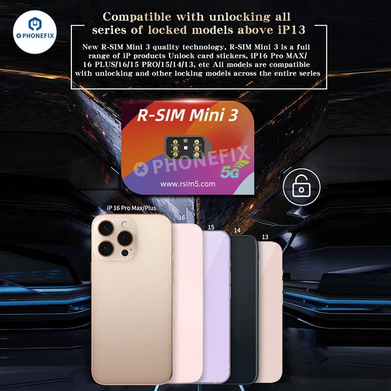 PHONEFIX R-SIM Mini3 VSOP II unlock card for iPhone 13-16 Pro Max, used for phone unlocking and SIM card activation.