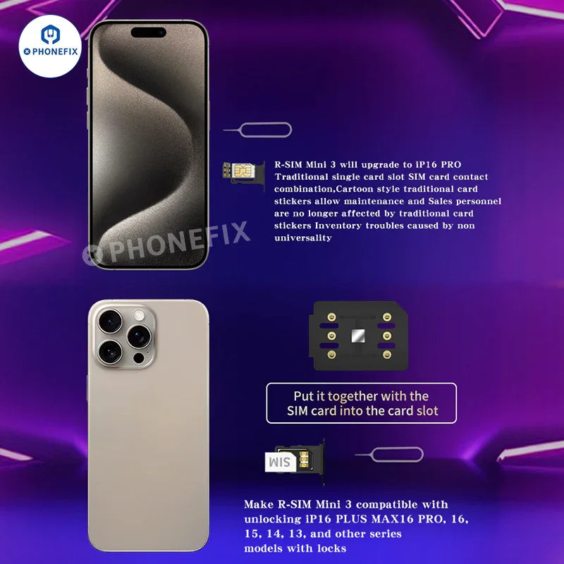 PHONEFIX R-SIM Mini3 VSOP II unlock card for iPhone 13-16 Pro Max, used for phone unlocking and SIM card activation.