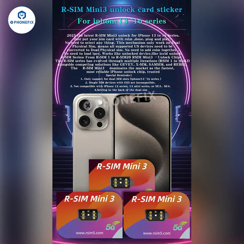 PHONEFIX R-SIM Mini3 VSOP II unlock card for iPhone 13-16 Pro Max, used for phone unlocking tools.