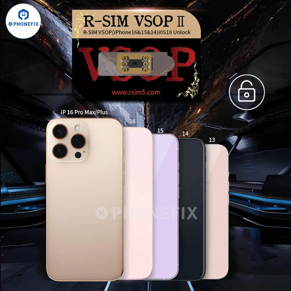 PHONEFIX R-SIM Mini3 VSOP II unlock card for iPhone 13-16 Pro Max, phone unlocking tool for carrier unlocking and network access.