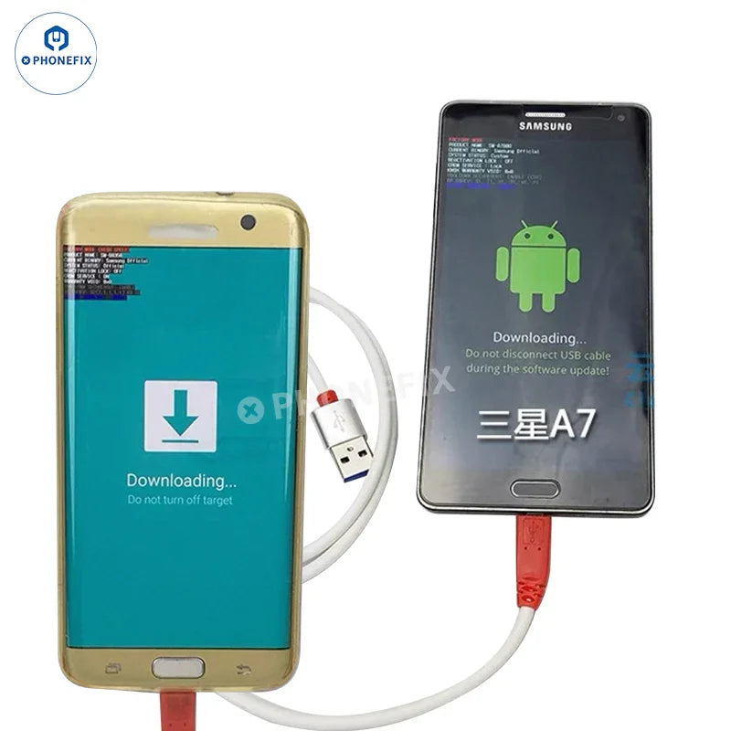 Samsung Download Mode tool flash restore charging cable by PHONEFIX for unlocking Samsung phones, shown connected in the image.
