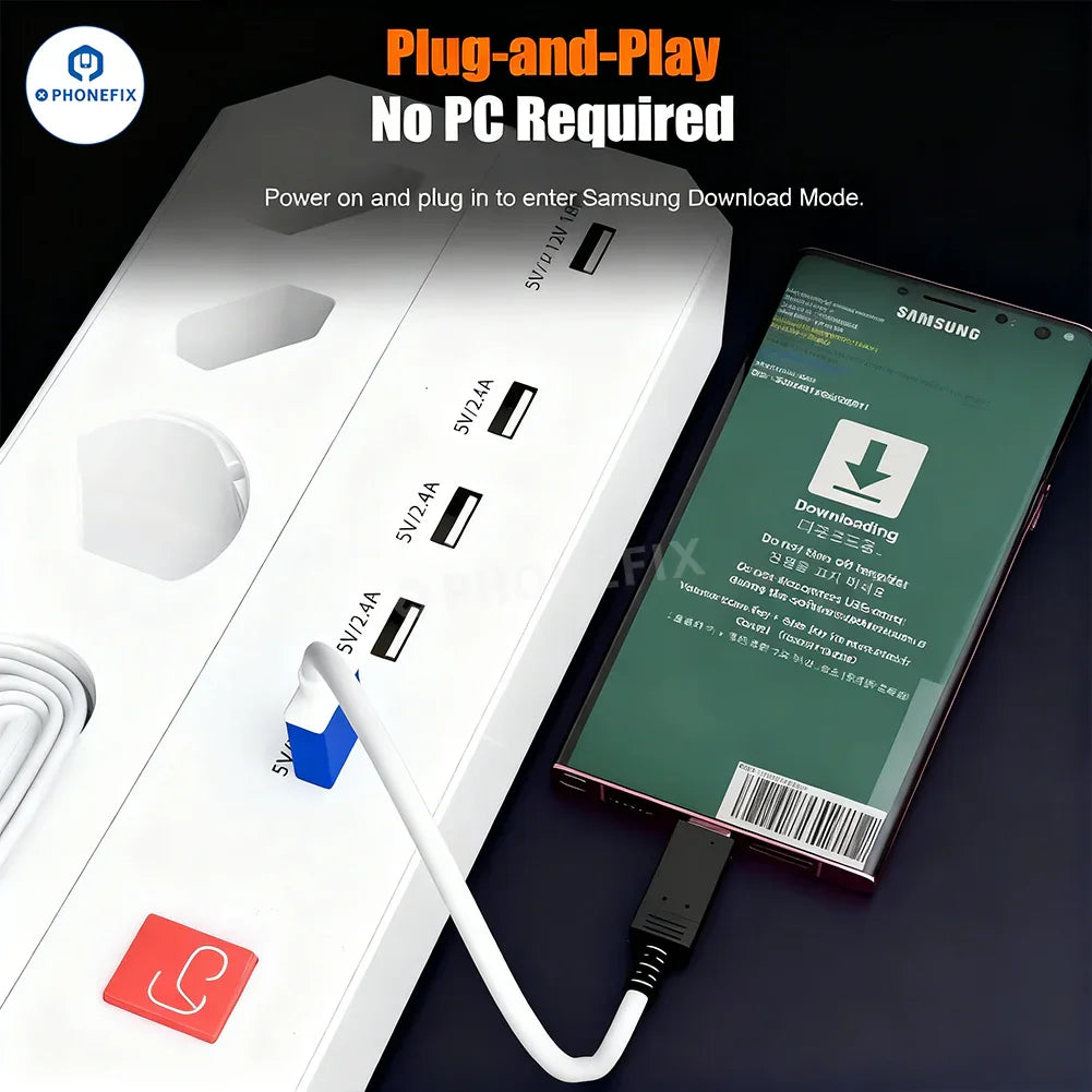 Samsung Download Mode USB Type-C engineering cable for phone unlocking, featuring the PHONEFIX brand and compatible with Samsung devices.