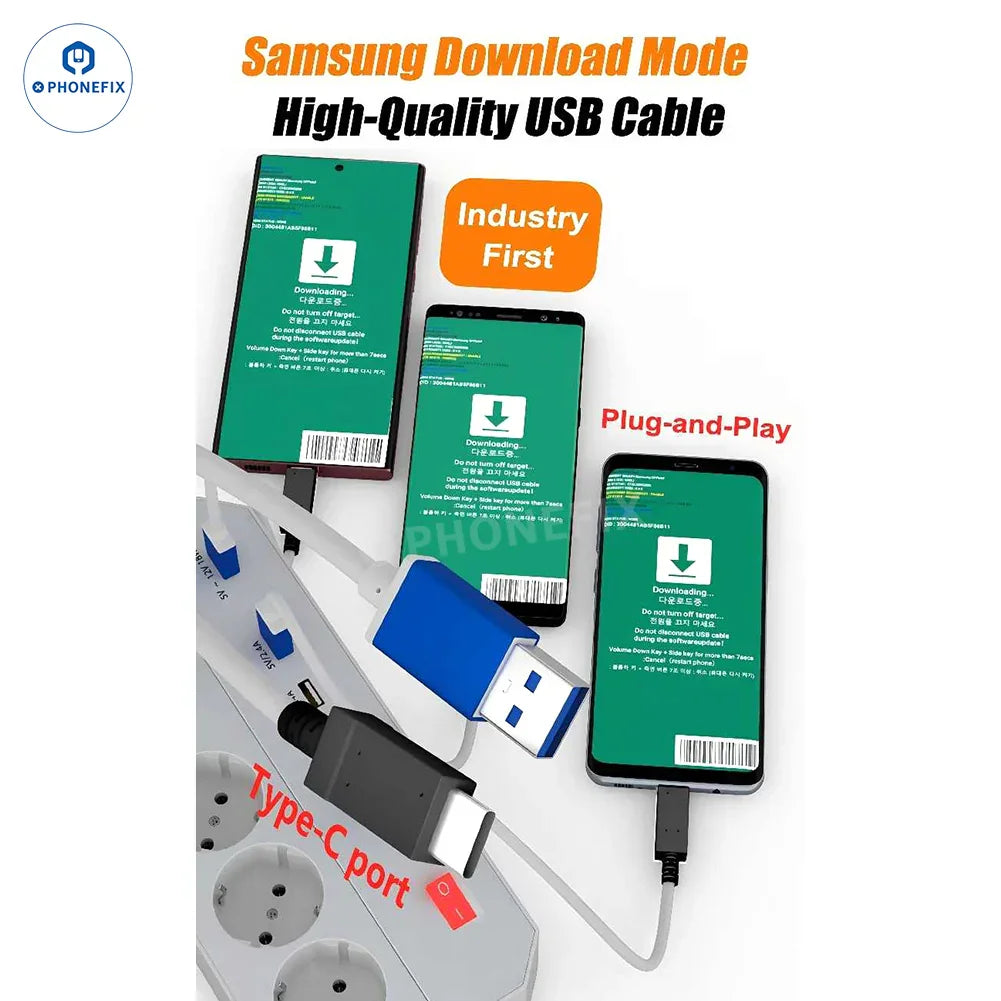 Samsung Download Mode USB Type-C engineering cable for phone unlocking tools by PHONEFIX, shown connected to electronic device.