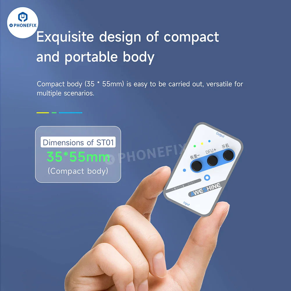 PHONEFIX ST01 One-key DFU box for iPhone X to 16 Pro Max recovery mode, phone unlocking tool in orange with ports and buttons.