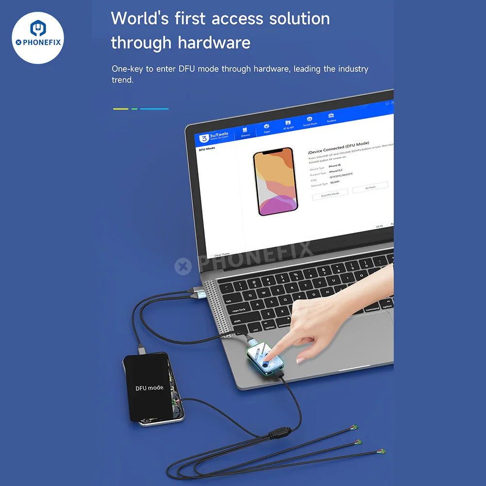 PHONEFIX ST01 One-key DFU Box for iPhone X to Pro Max recovery mode, phone unlocking tool for iPhone repair and firmware updates.