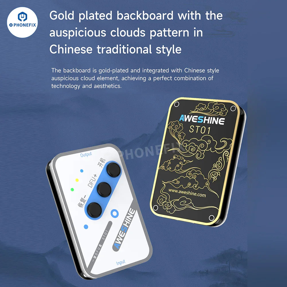 PHONEFIX ST01 One-key DFU Box for iPhone X to Pro Max recovery mode, used for phone unlocking and firmware restoration.