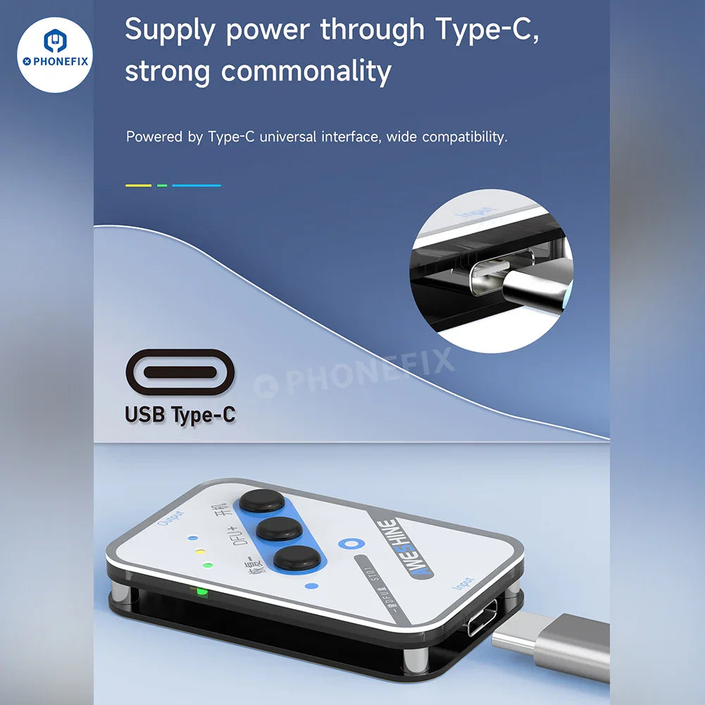 PHONEFIX ST01 One-key DFU Box for iPhone X to 16 Pro Max recovery mode, phone unlocking tool with sleek design.