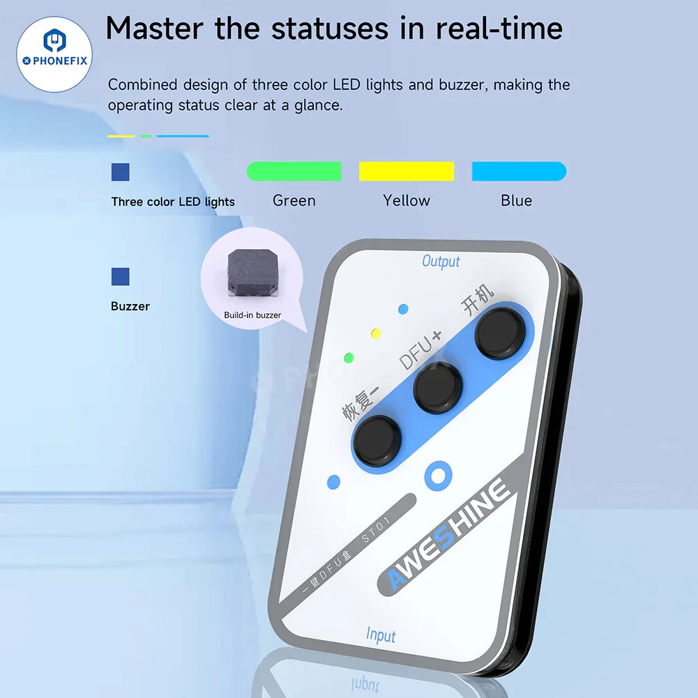 PHONEFIX ST01 One-key DFU Box for iPhone X to Pro Max enables recovery mode and phone unlocking with easy-to-use tool.