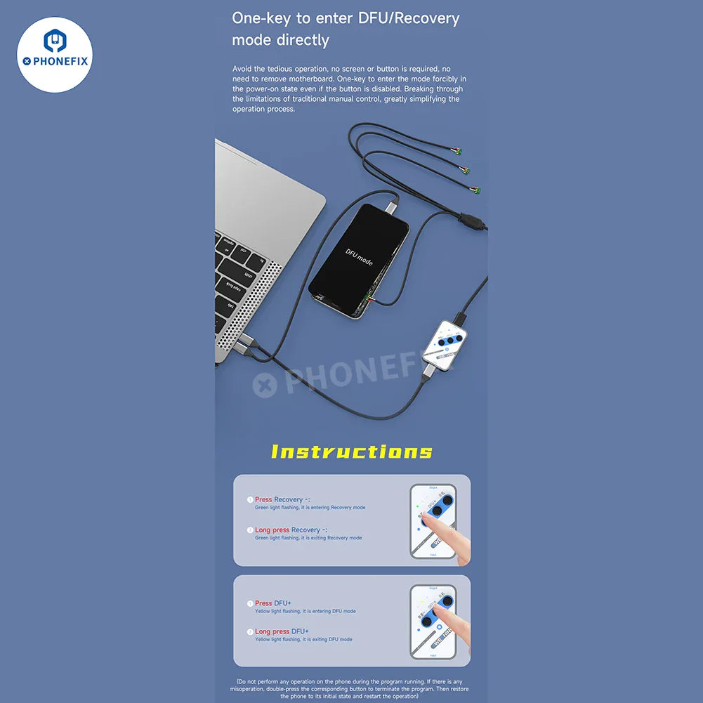 PHONEFIX ST01 One-key DFU Box for iPhone X to Pro Max recovery mode phone unlocking tool, shown with device connection.