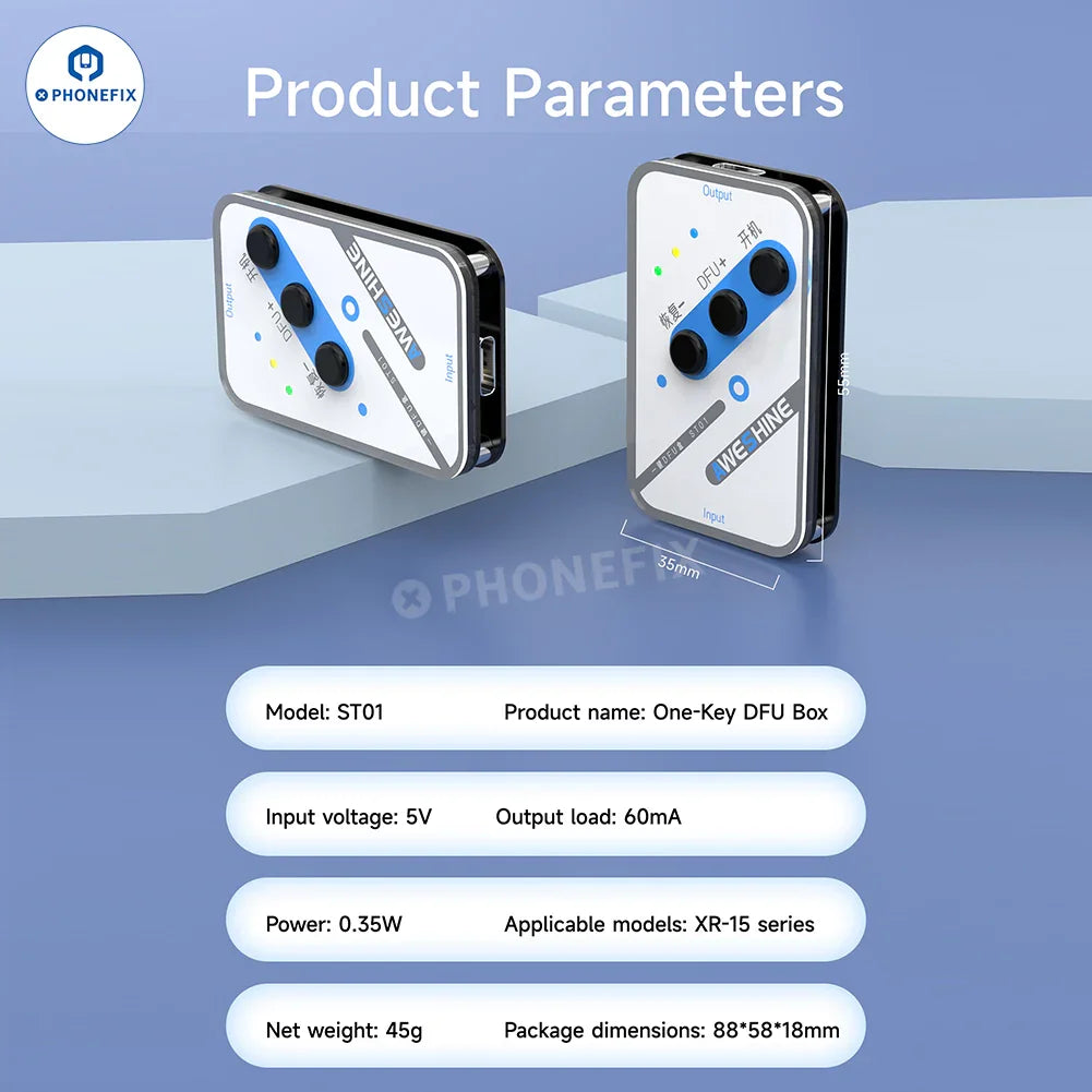 PHONEFIX ST01 One-key DFU Box for iPhone X to Pro Max recovery mode, phone unlocking tool with cables and interface visible.