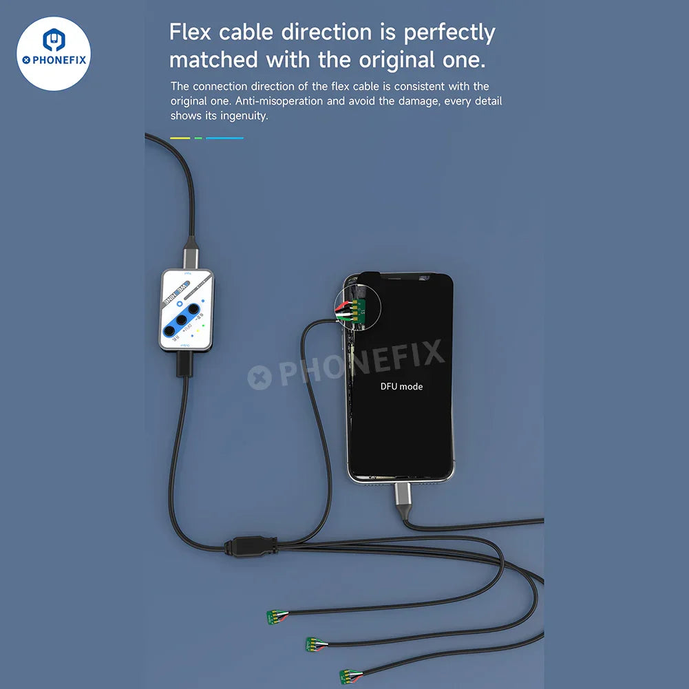 PHONEFIX ST01 One-key DFU box for iPhone X to Pro Max, used for recovery mode and phone unlocking tools.