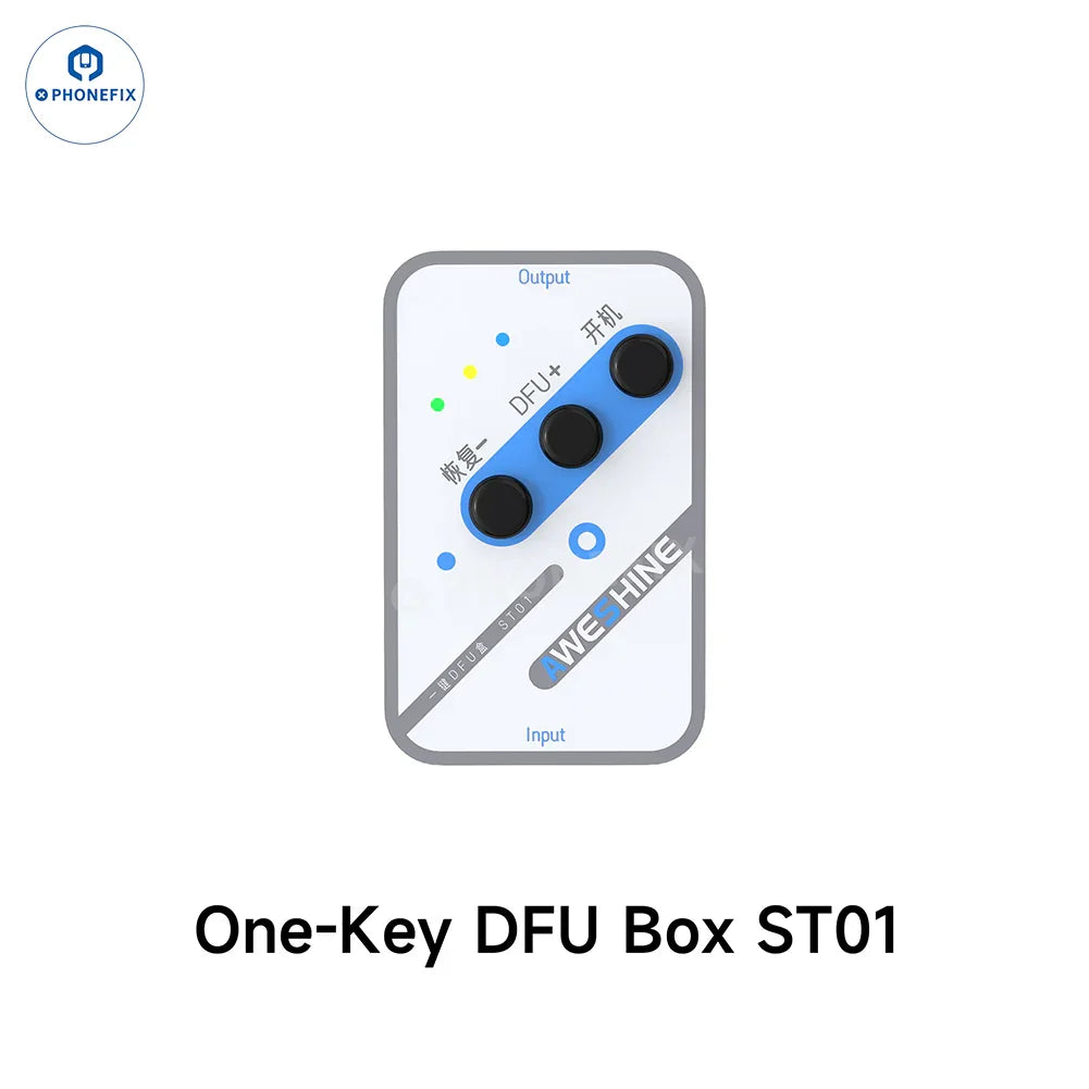 PHONEFIX ST01 One-key DFU box for iPhone X to Pro Max unlock and recovery mode, showing the device connected with the tool.