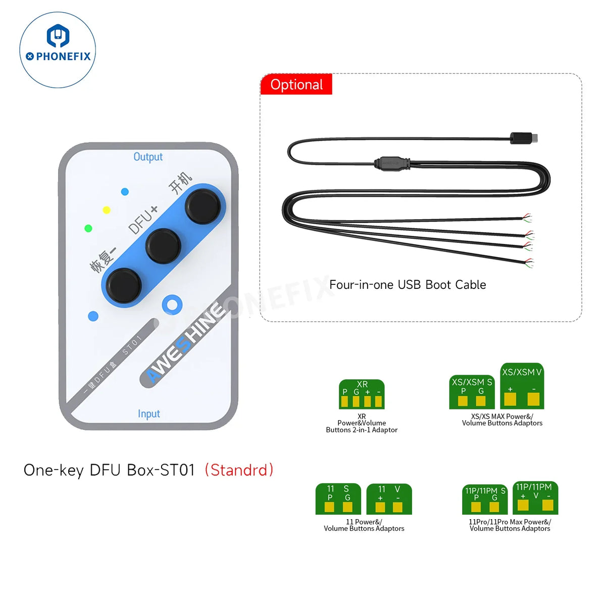 PHONEFIX ST01 One-key DFU Box for iPhone X to 16 Pro Max, used for recovery mode and phone unlocking.