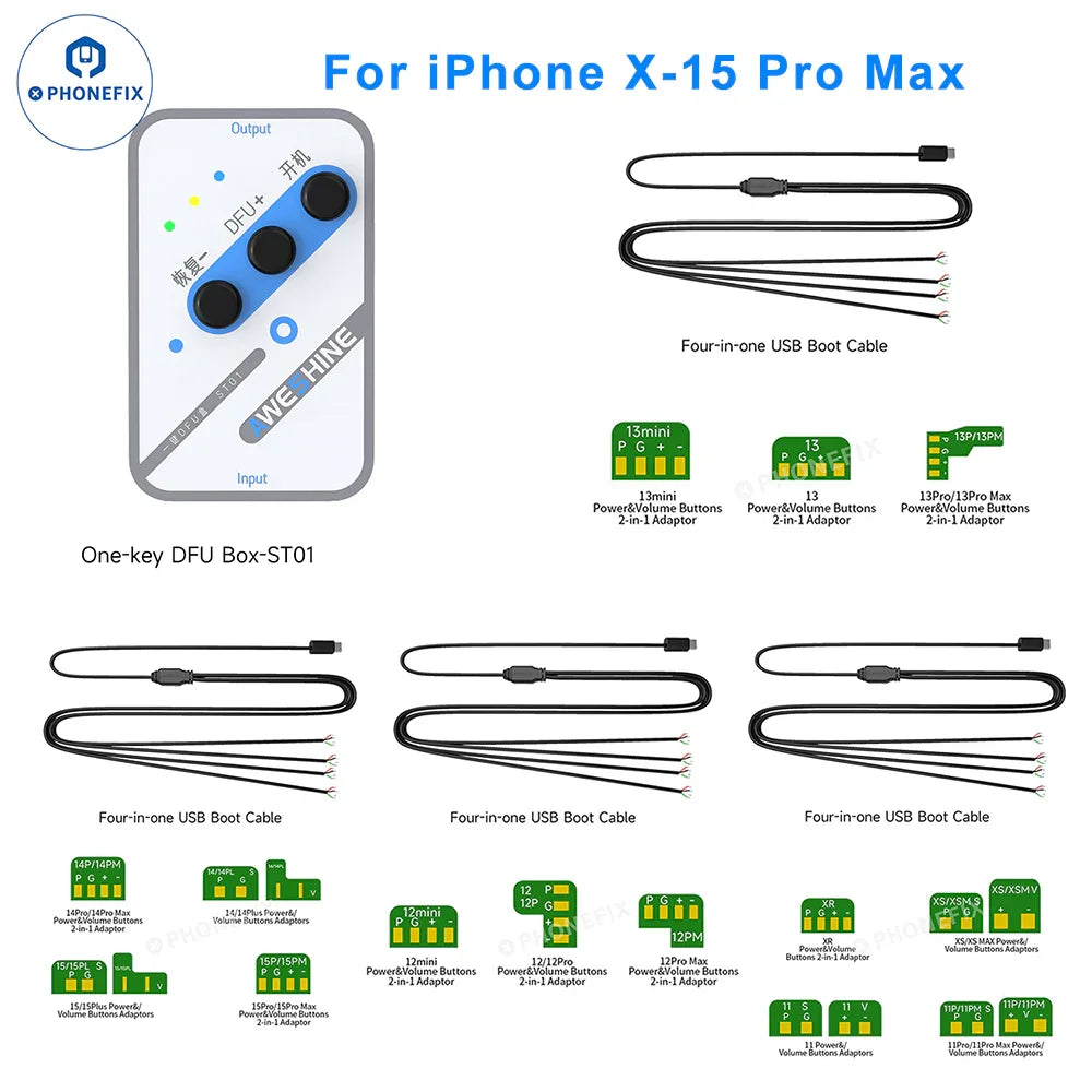PHONEFIX ST01 One-key DFU Box for iPhone X to 16 Pro Max in recovery mode, used for phone unlocking and repair.