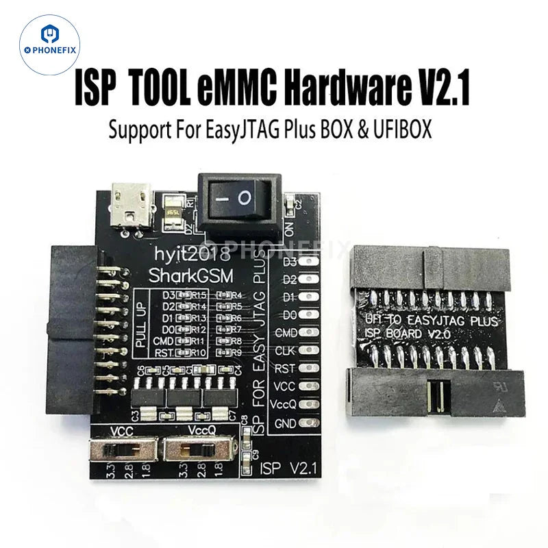 PHONEFIX UFi Box mobile phone EMMC data service tool for Samsung, used for unlocking and data recovery on smartphones.