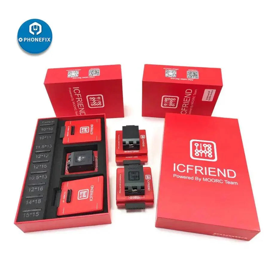 MOORC ICFriend Adapter for UFS chip and EMATE EMMC BGA adapter, used in phone unlocking tools by PHONEFIX.