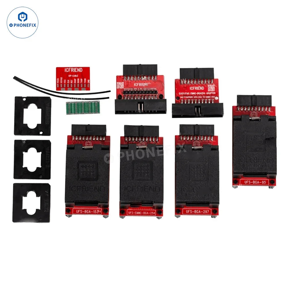PHONEFIX MOORC ICFriend Adapter UFS Chip and EMATE EMMC BGA adapter for phone unlocking tools, shown with four components on a white background.