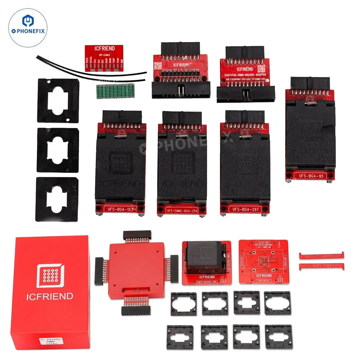 PHONEFIX MOORC ICFriend Adapter UFS Chip and EMATE EMMC BGA adapter for phone unlocking tools, shown with multiple adapters and components.