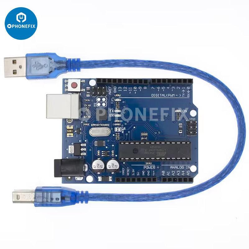 Uno DIP development board for ATMEGA328P and CH340, with cable, used for phone unlocking and microcontroller projects by PHONEFIX.