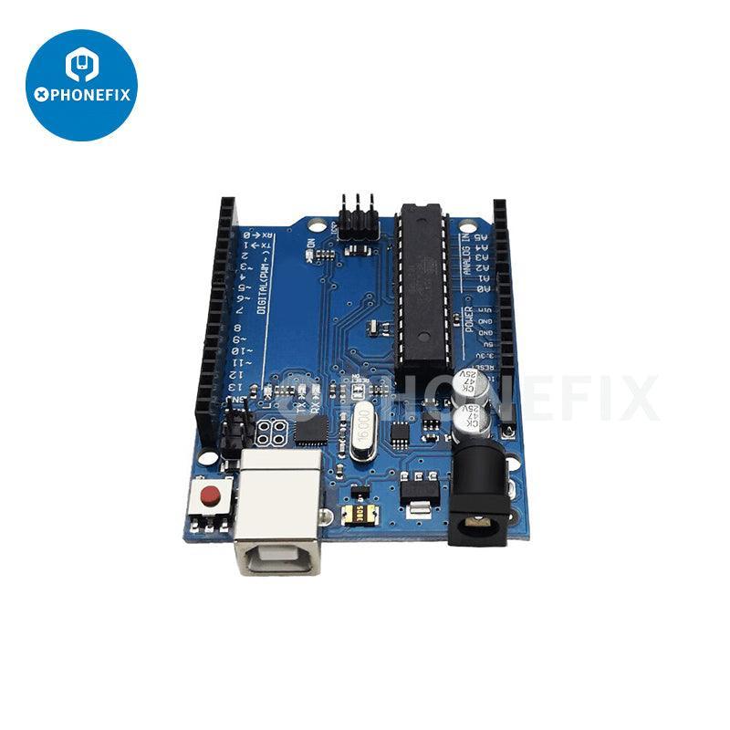 PhoneFix UNO DIP development board for ATMEGA328P/16U2 CH340 with cable, used for phone unlocking and microcontroller programming.
