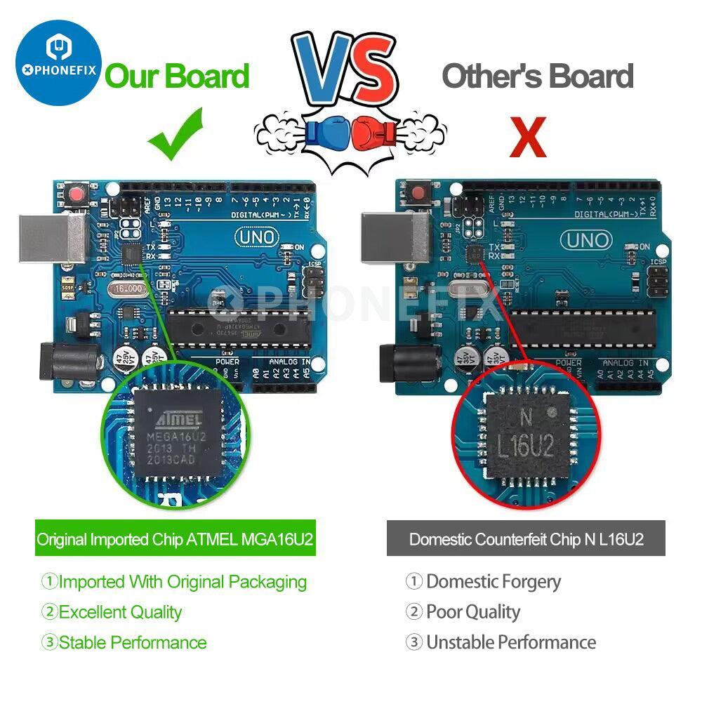 UNO DIP development board for ATMEGA328P/16U2 CH340 with cable, used for phone unlocking and microcontroller programming.