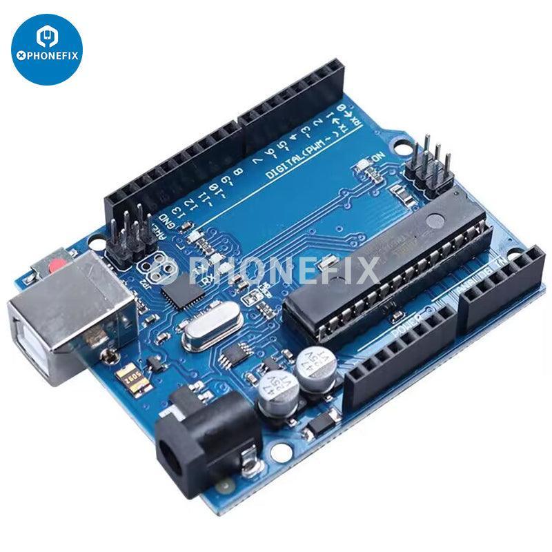 PhoneFix UNO DIP development board for ATMEGA328P and CH340 with cable, used for phone unlocking and microcontroller projects.