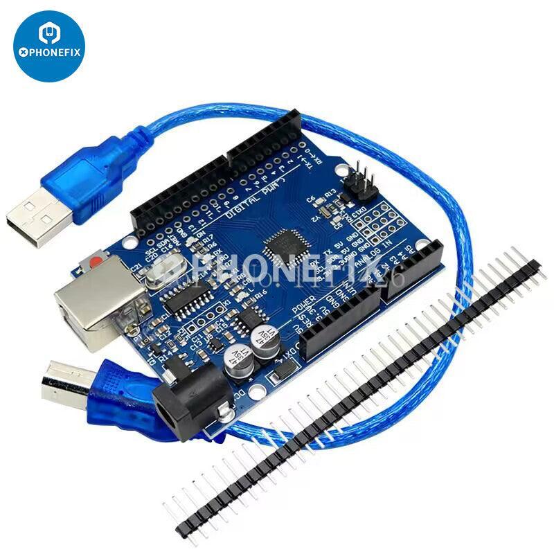 UNO R3 development board with ATmega328P microcontroller and cable, used for phone unlocking and electronics projects by PHONEFIX.