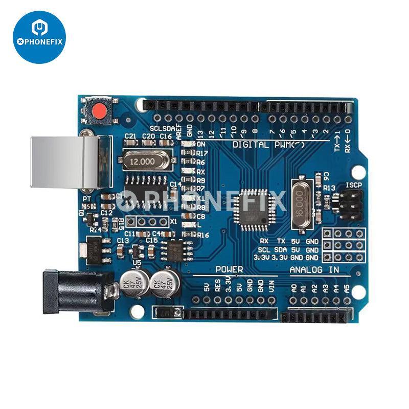 UNO R3 development board with ATmega328P microcontroller and cable, used for phone unlocking and electronics projects by PHONEFIX.